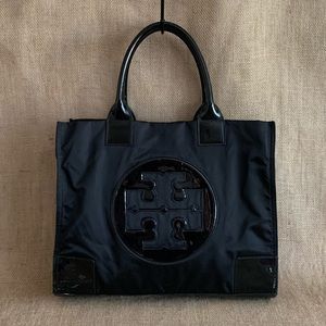 TORY BURCH Black Ella Large Tote Bag w/ Patent Trim